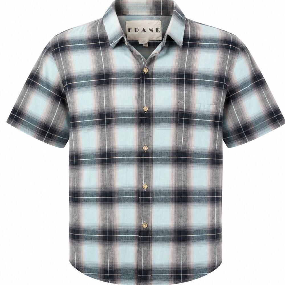 Vintage Frank Men Plaid Button Up Shirt Large Short Sleeve USA Made 100% Cotton